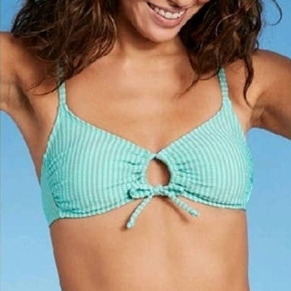 Xhilaration Bikini Top Tie front Loop Seersucker Blue Gray Stripes XS Swimsuit - Picture 11 of 11